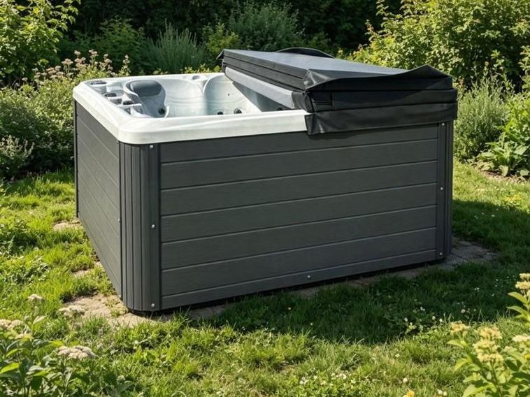 Kwadratowe jacuzzi ogrodowe Hot Tub Elite z hydromasażem, ustawione w ogrodzie